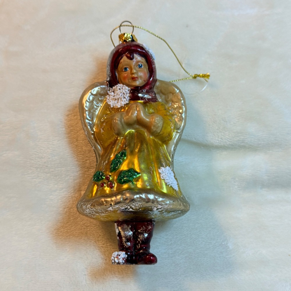 Vintage Glass inspired Angel Christmas Ornament Gold Red Silver Holly Snow